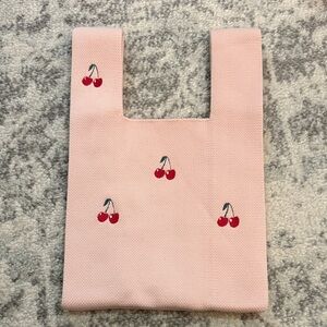 Pink Tote Bag with Cherry Embroidery